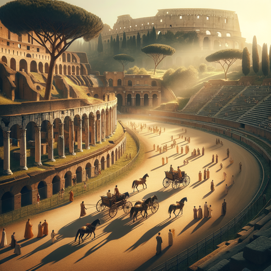 Panoramic view of the Circus Maximus capturing ancient Roman colonnades and modern greenery under warm sunlight, inspired by 1960s historical film aesthetics.