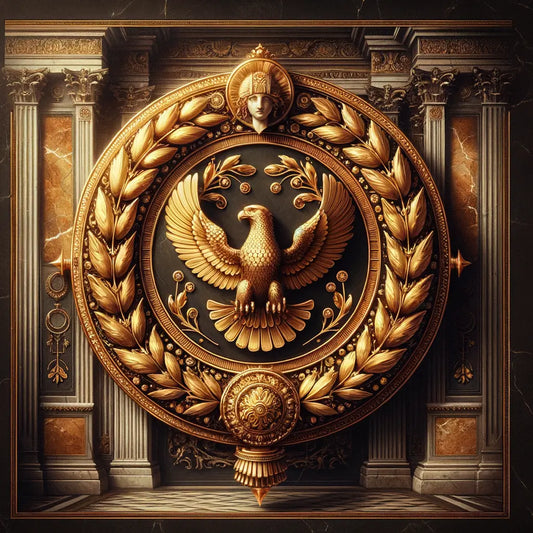 A detailed Roman laurel wreath and imperial eagle motif jewelry piece against a dark background, inspired by 1960s classic historical film aesthetics.