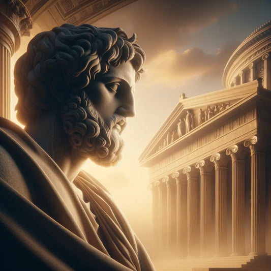 A Greek philosopher's statue symbolizing Stoic wisdom, set against a backdrop merging classical and modern elements, painted in a 1960s historical epic style.