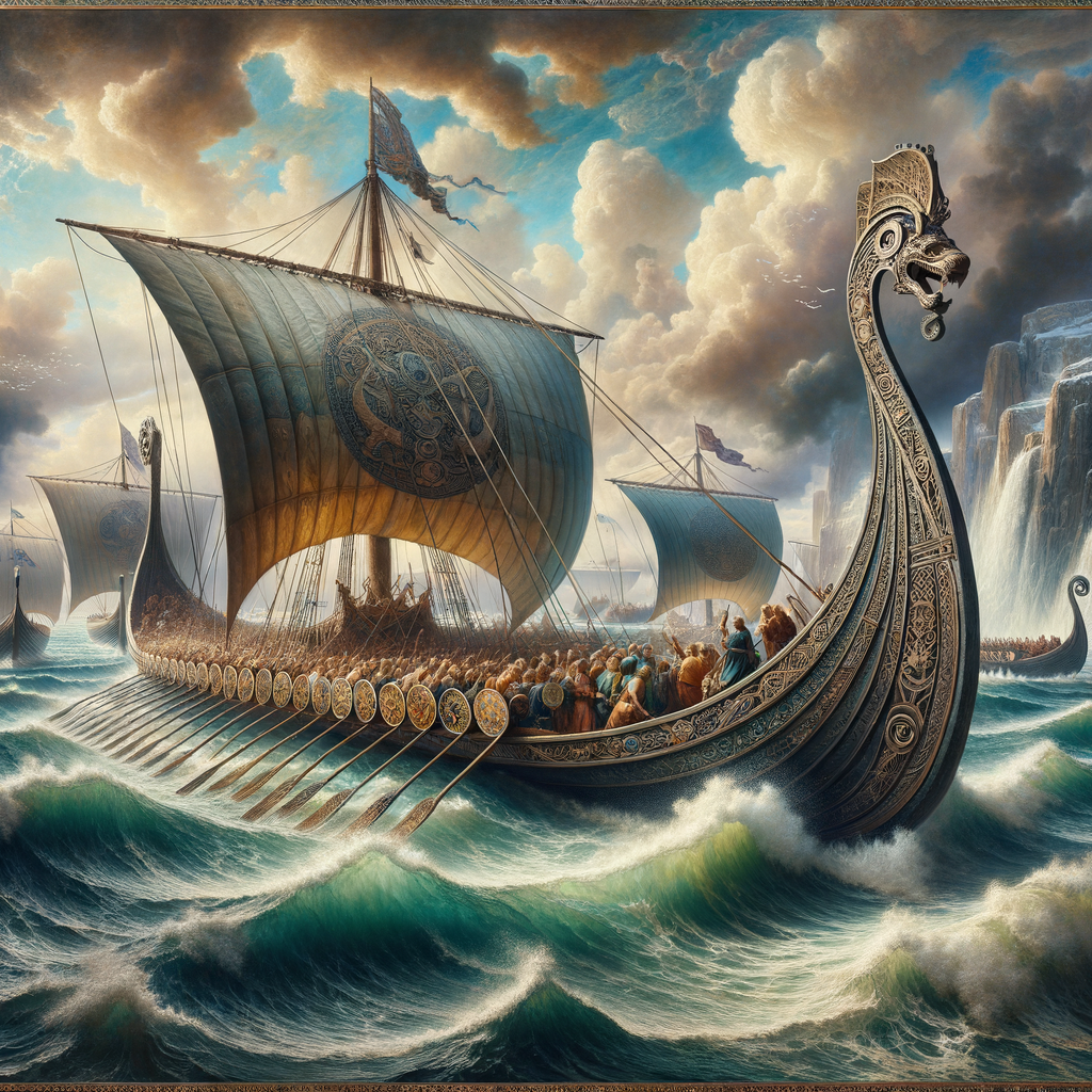 Viking longship on a sea voyage with Norse-inspired jewelry, set against an expansive ocean backdrop, reminiscent of 1960s epic films.