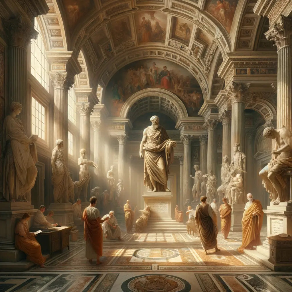 Weathered Roman sculpture of a Stoic philosopher in a grand hall, surrounded by toga-clad figures, in a cinematic 1960s epic style.
