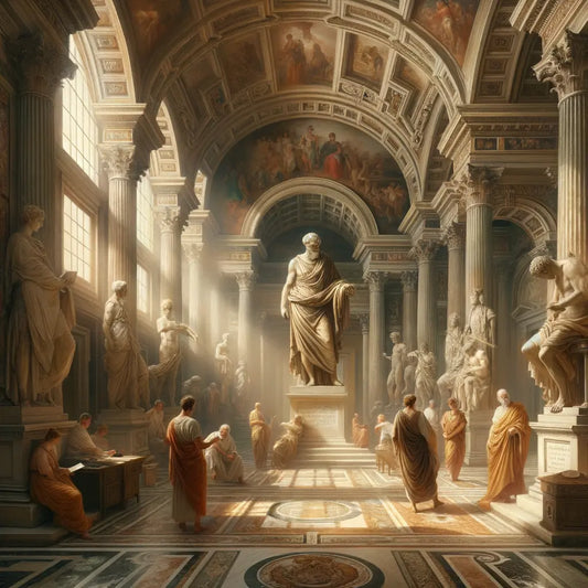 Weathered Roman sculpture of a Stoic philosopher in a grand hall, surrounded by toga-clad figures, in a cinematic 1960s epic style.