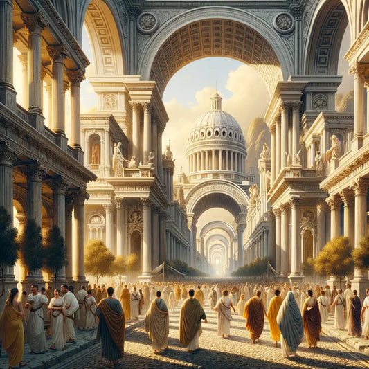 An ancient Roman street scene with arches and domes, portraying the architectural grandeur of the era, painted in a 1960s historical epic style.