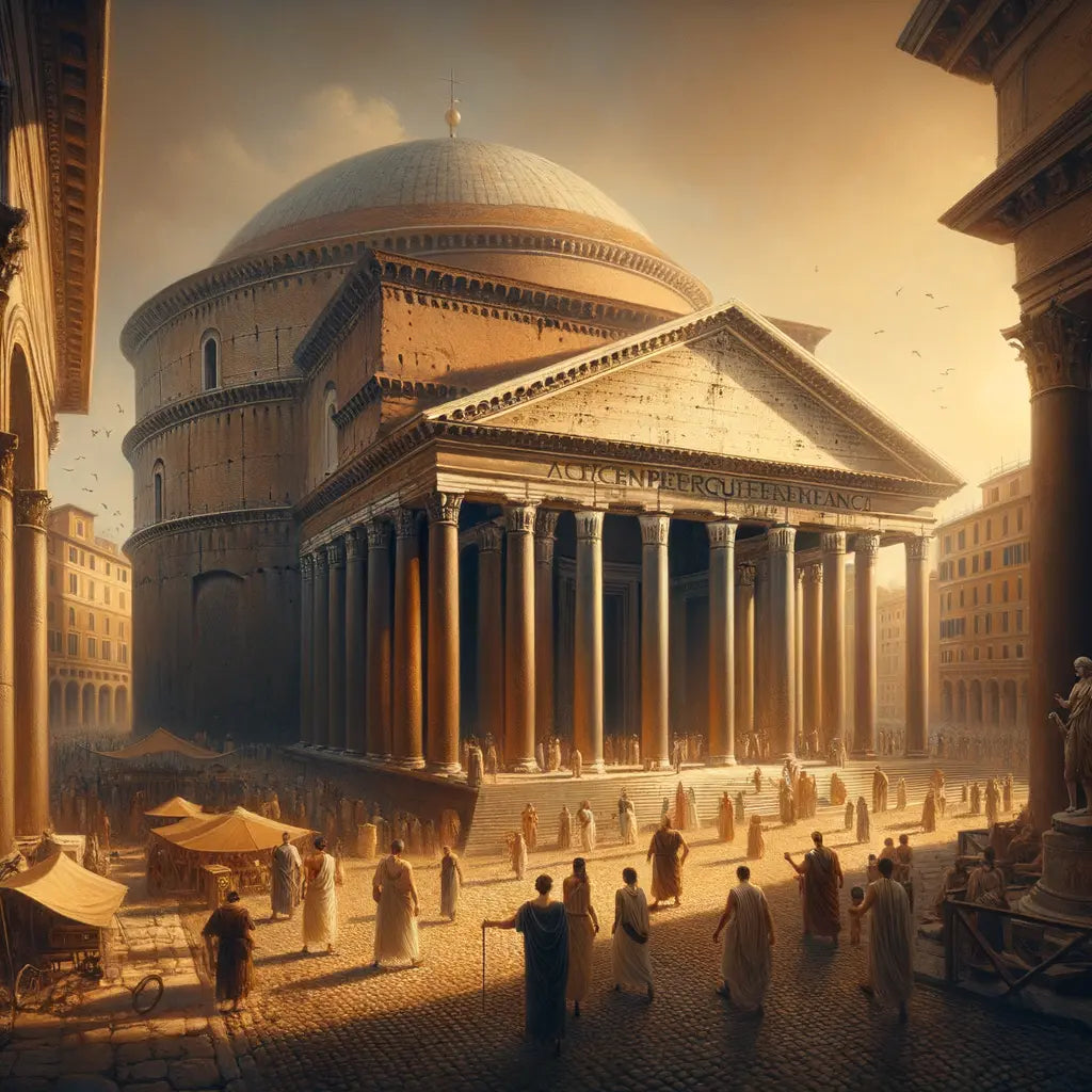 A cinematic view of the Pantheon in Rome, with its stunning dome, capturing the essence of Roman architectural innovation, in a 1960s historical film style.