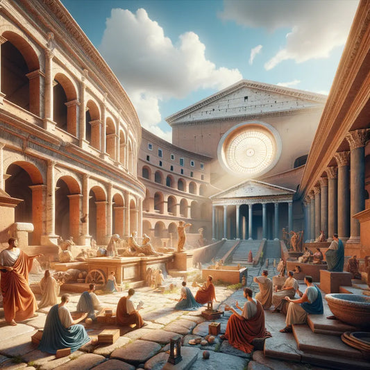Panoramic painting of the Roman Colosseum or Pantheon with beams of sunlight, capturing ancient Rome's grandeur, echoing 1960s historical film style.
