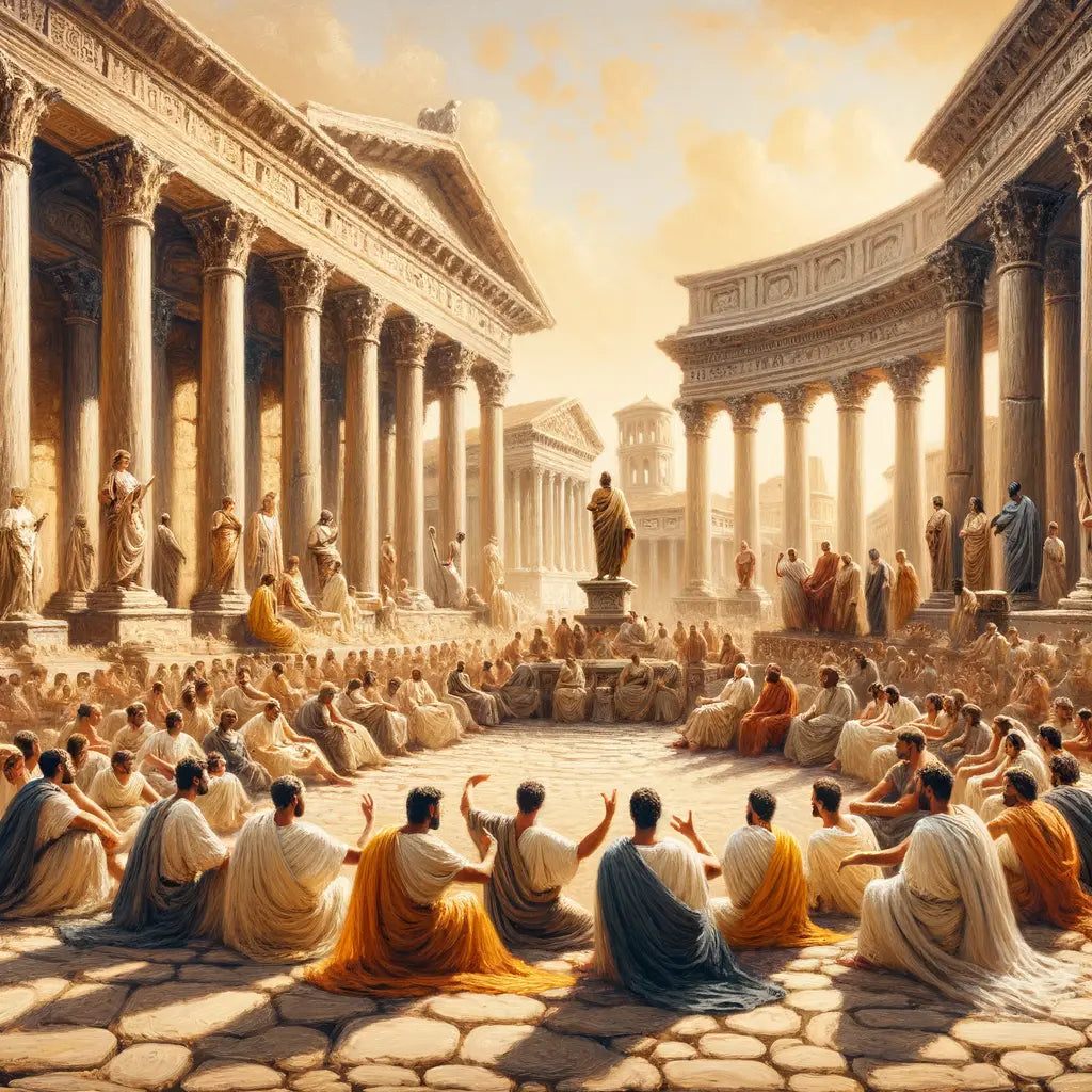 Toga-clad citizens debating in an ancient Roman forum, surrounded by grand columns and arches, inspired by 1960s historical film style.