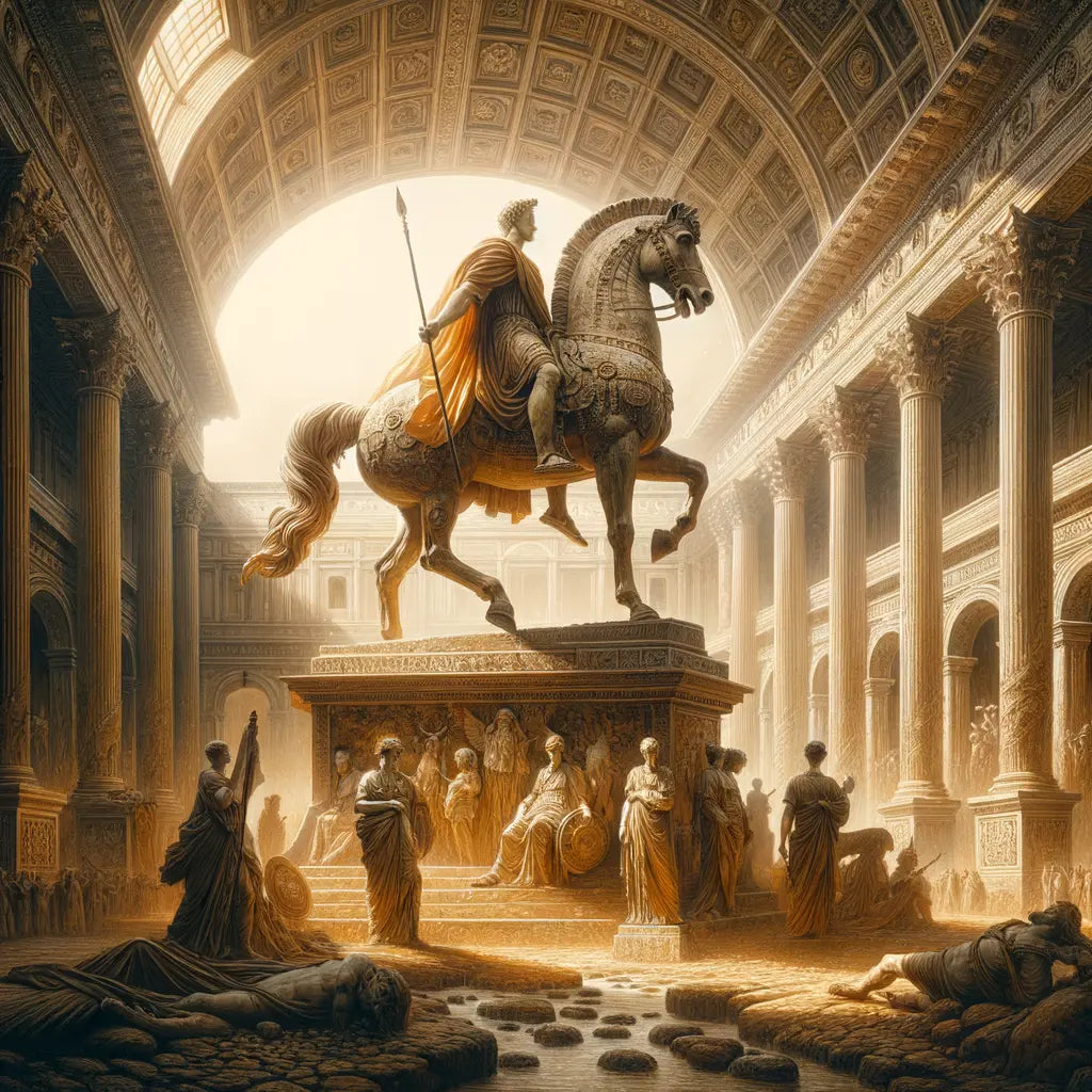 Equestrian statue of Marcus Aurelius against grand Roman architecture, in the style of 1960s historical epics.