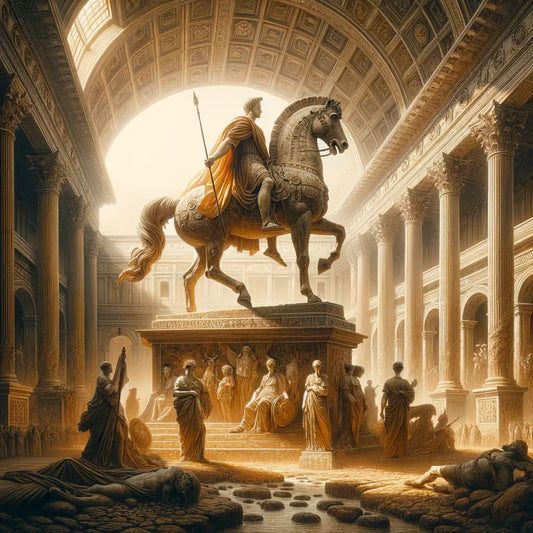 Equestrian statue of Marcus Aurelius against grand Roman architecture, in the style of 1960s historical epics.