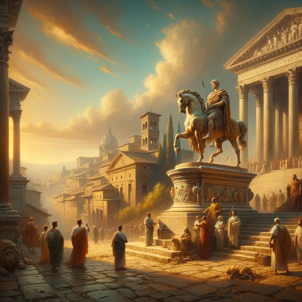 Equestrian Statue of Marcus Aurelius on Capitoline Hill, illuminated by Roman sunlight, in cinematic 1960s epic style.