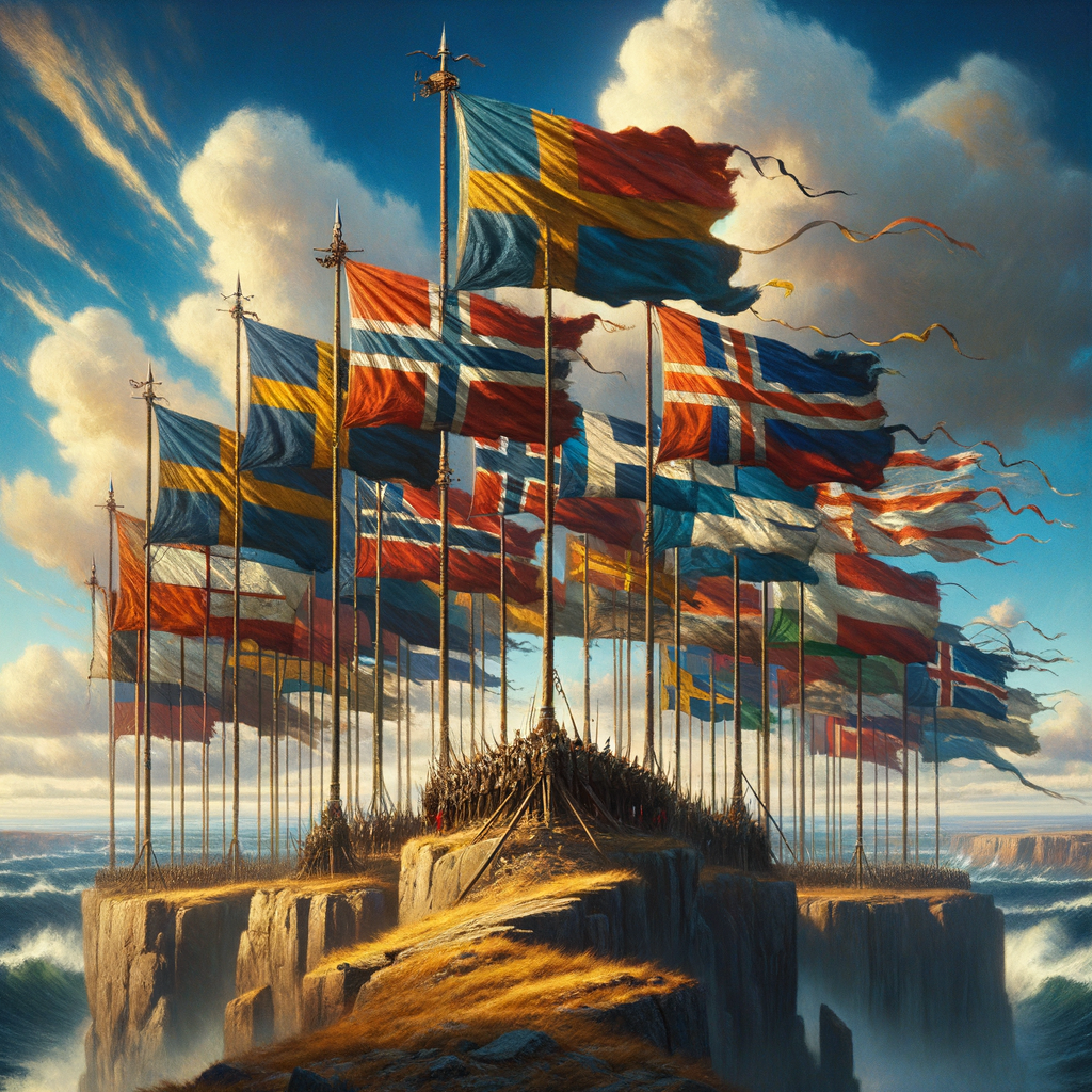 Scandinavian cross flags flying against a clear blue sky, symbolizing unity and cultural heritage in a cinematic 1960s style.