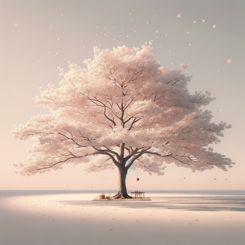 Ein minimalistisches Bild eines blühenden Kirschbaums mit einem traditionellen Picknick darunter, bei sanftem Sonnenlicht – ruhig und kulturell inspiriert.