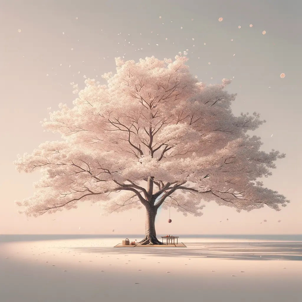 Ein minimalistisches Bild eines blühenden Kirschbaums mit einem traditionellen Picknick darunter, bei sanftem Sonnenlicht – ruhig und kulturell inspiriert.