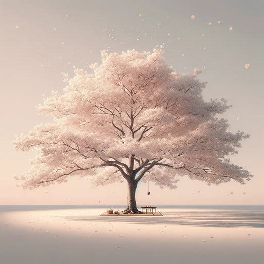 Ein minimalistisches Bild eines blühenden Kirschbaums mit einem traditionellen Picknick darunter, bei sanftem Sonnenlicht – ruhig und kulturell inspiriert.