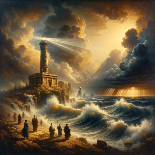 A serene lighthouse stands against a stormy sea, embodying Stoic philosophy's inner calm, reminiscent of 1960s epic films.