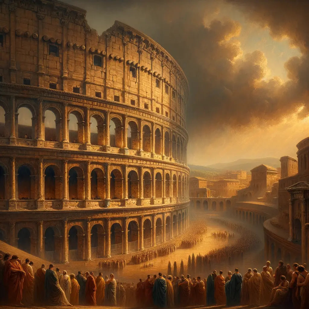 The majestic Colosseum of Rome under a dramatic sky with iconic arches, toga-clad Romans in the foreground, inspired by 1960s historical film style.