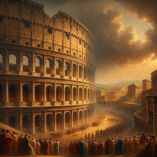 The majestic Colosseum of Rome under a dramatic sky with iconic arches, toga-clad Romans in the foreground, inspired by 1960s historical film style.