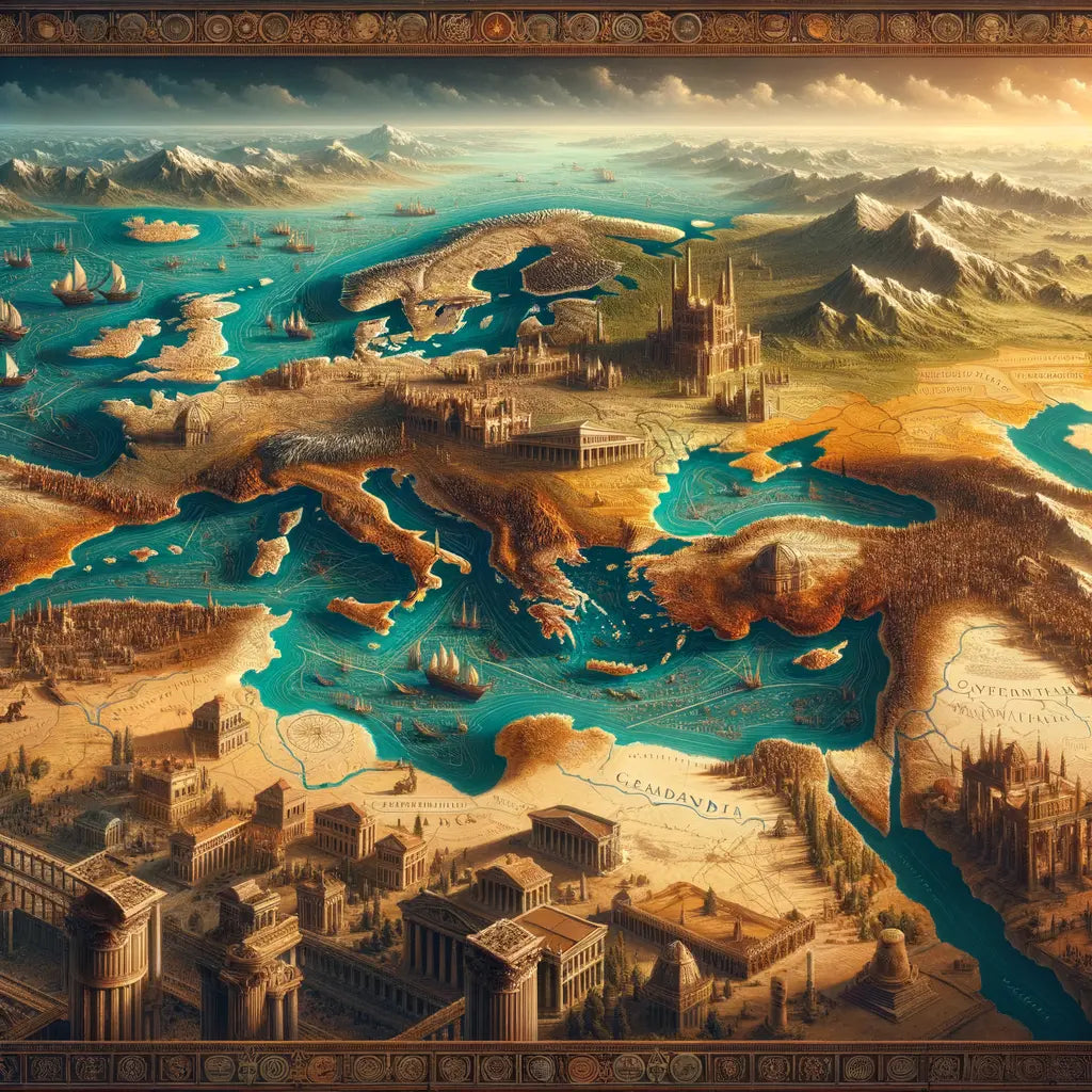 An artistic map of the Roman Empire at its peak, highlighting major cities and trade routes, styled like a 1960s historical epic film.