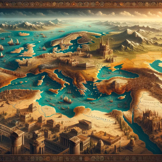 An artistic map of the Roman Empire at its peak, highlighting major cities and trade routes, styled like a 1960s historical epic film.