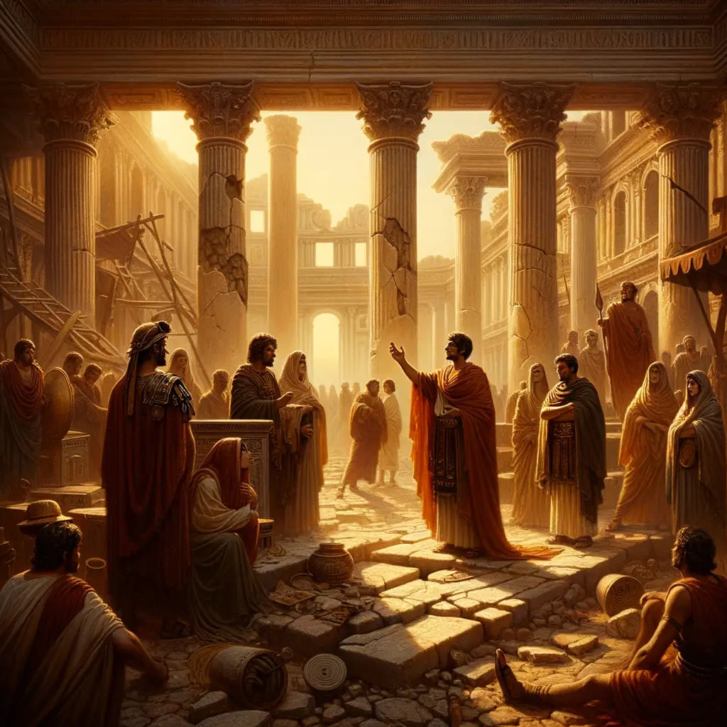 Depiction of Roman Empire in decline, with crumbling architecture, political debate, weary soldiers, and economic distress, styled like a 1960s historical film.