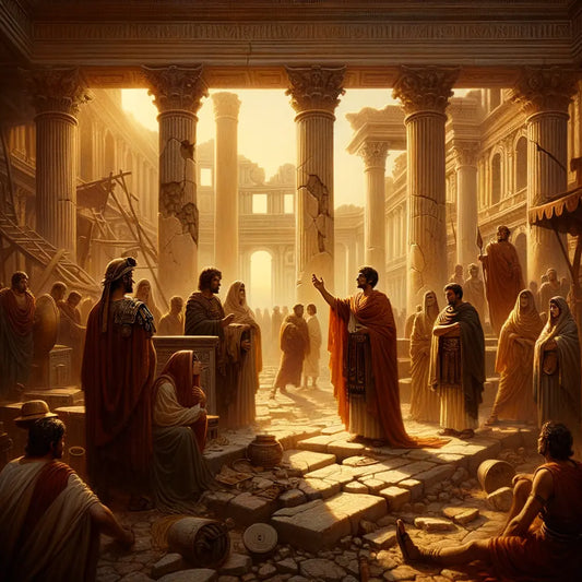 Depiction of Roman Empire in decline, with crumbling architecture, political debate, weary soldiers, and economic distress, styled like a 1960s historical film.