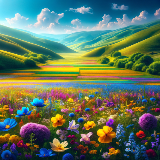 A beautiful scenery depicting hills and flowers under a blue sky.