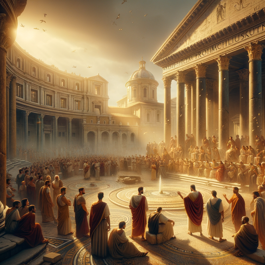 Roman citizens and merchants engaging in lively conversations in a sunlit ancient forum, amidst grand temples and marble architecture, inspired by classical historical films.
