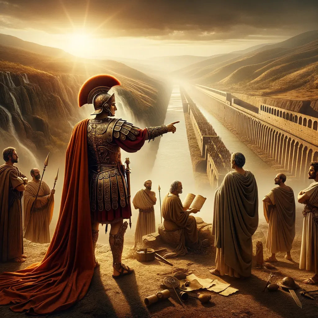 Julius Caesar overseeing aqueduct construction in a 1960s-style epic painting, with Roman engineers in the background against a sprawling landscape.