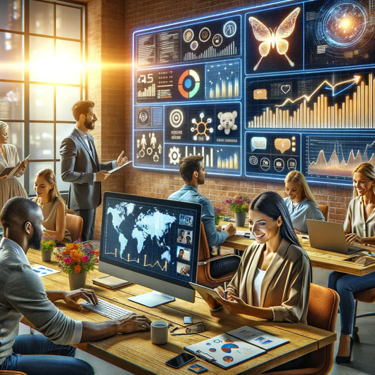 A group of diverse marketing professionals brainstorming and analyzing data in a contemporary office setting.