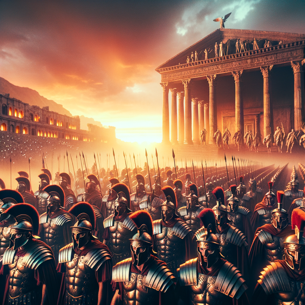 An epic battle scene from Roman history with soldiers and a temple under a sunset.