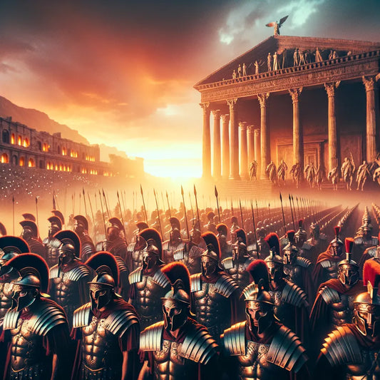 An epic battle scene from Roman history with soldiers and a temple under a sunset.