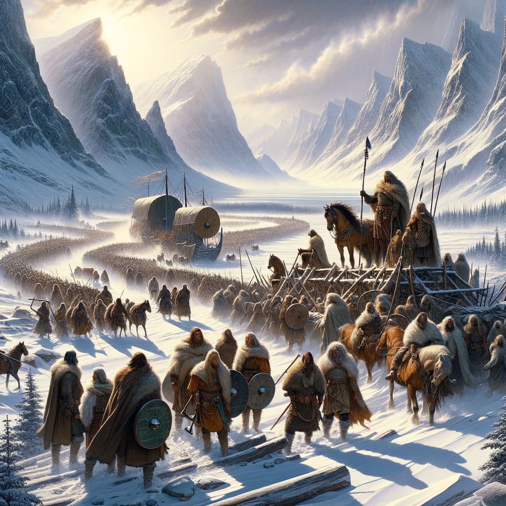 Goths and Vandals in traditional garb embarking on migration over a snowy Scandinavian landscape, in a historical epic style.