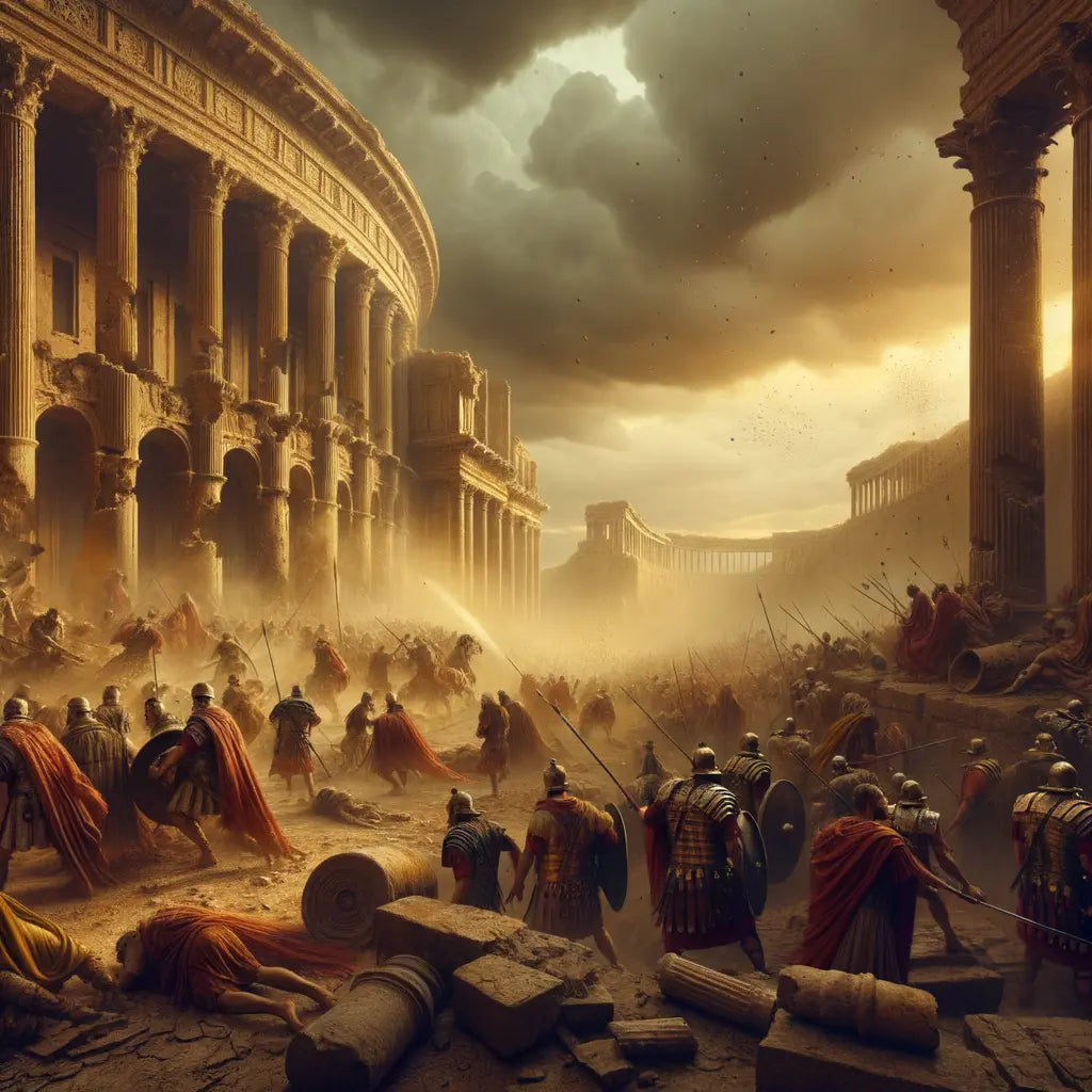 Depiction of a besieged Roman fortress with crumbling architecture and chaotic battle scenes, capturing the decline of the Roman Empire in a cinematic style.