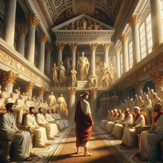 Young Roman prince in a court setting, surrounded by philosophers and military instructors, in a style reminiscent of 1960s historical epic films.