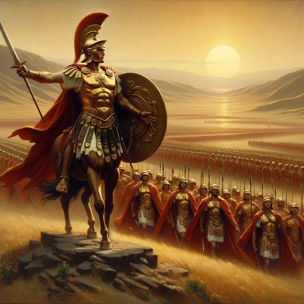 Julius Caesar commanding Roman soldiers on a battlefield, showcasing his leadership and military strategy in a scene inspired by 1960s historical epic films.