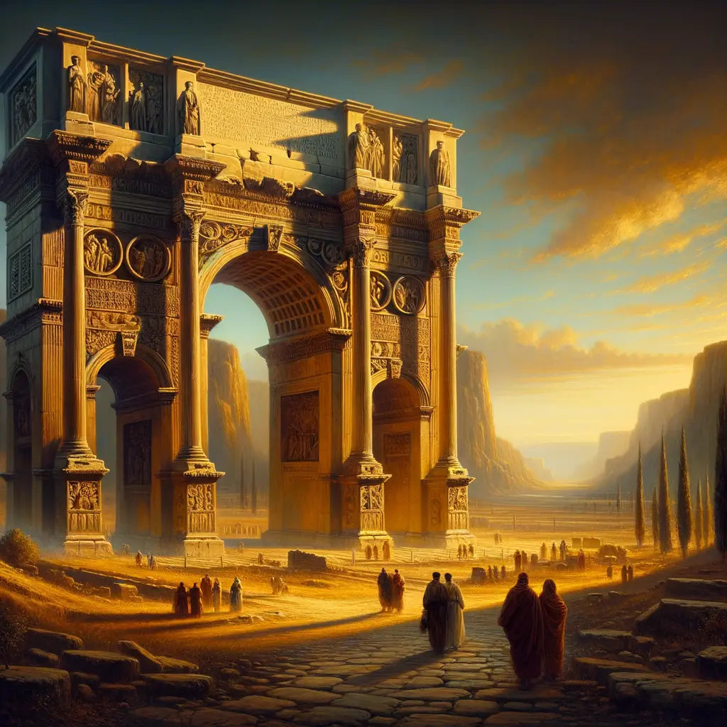Ancient Roman arch under a vast historical landscape with sunlit stone textures and rolling hills, in the style of 1960s historical epics.