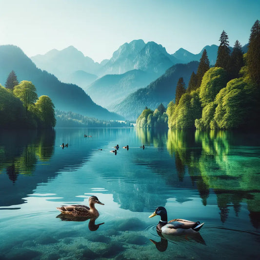 A peaceful lakeside view with mountains in the background and bright blue sky.