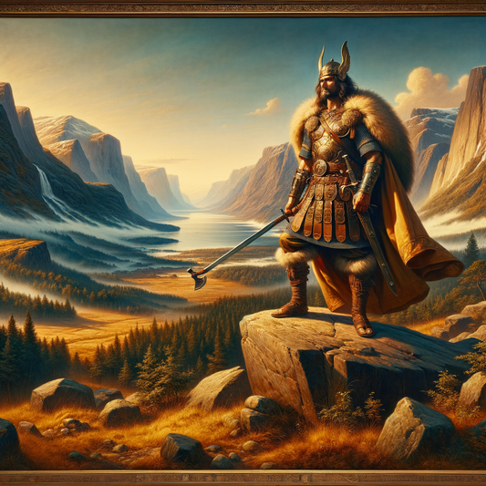 Viking warrior with battle axe on a rocky outcrop, surrounded by dramatic northern fjords and hills, styled in a 1960s historical epic fashion.