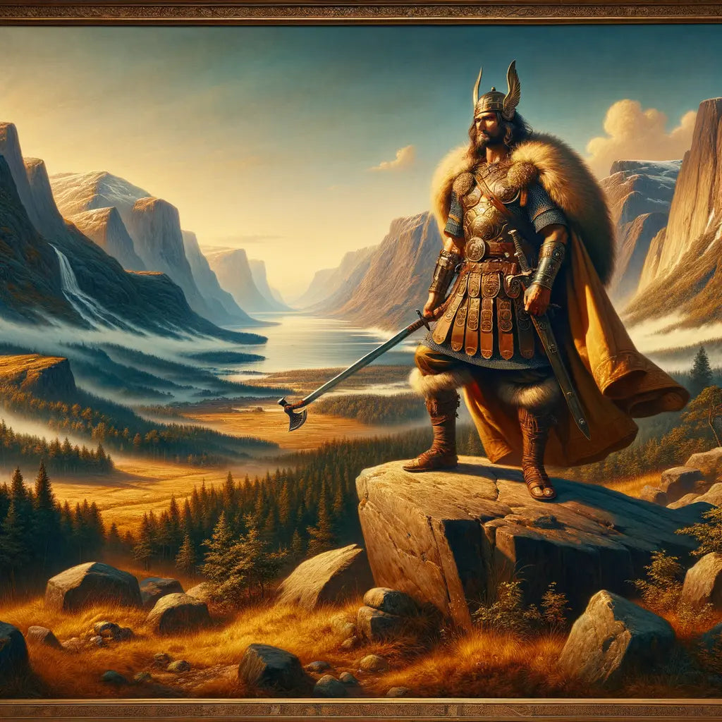 Viking warrior with battle axe on a rocky outcrop, surrounded by dramatic northern fjords and hills, styled in a 1960s historical epic fashion.