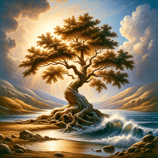A symbolic oak tree standing amidst gentle waves under a soft blue sky, representing Stoicism-inspired serenity and endurance.