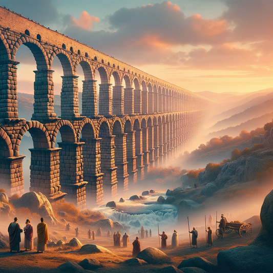 Majestic Roman aqueduct with arches spanning a valley at sunrise, inspired by classic historical films of the 1960s.