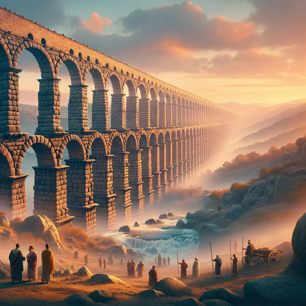 Majestic Roman aqueduct with arches spanning a valley at sunrise, inspired by classic historical films of the 1960s.