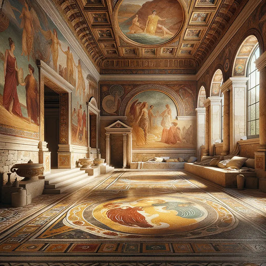 Luxurious Roman-inspired interior with mosaic floors, frescoed walls, and plush textiles in a style evocative of 1960s historical epic films.