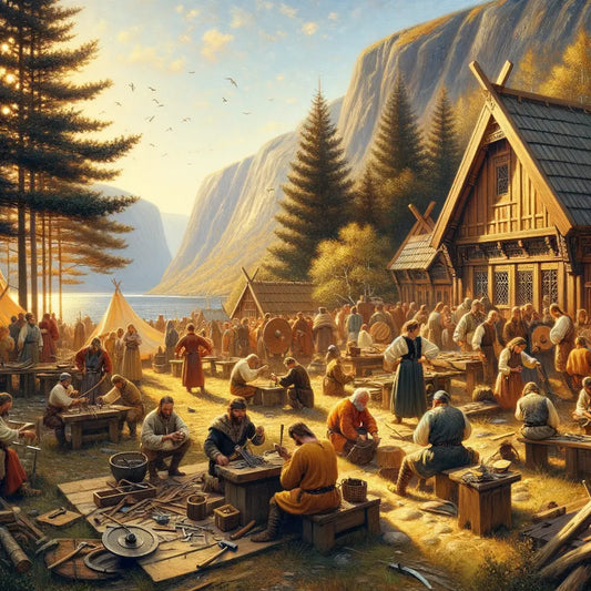 Festival with participants in Viking attire amidst Scandinavian landscape, blending tradition with modernity, styled as a 1960s epic film painting.