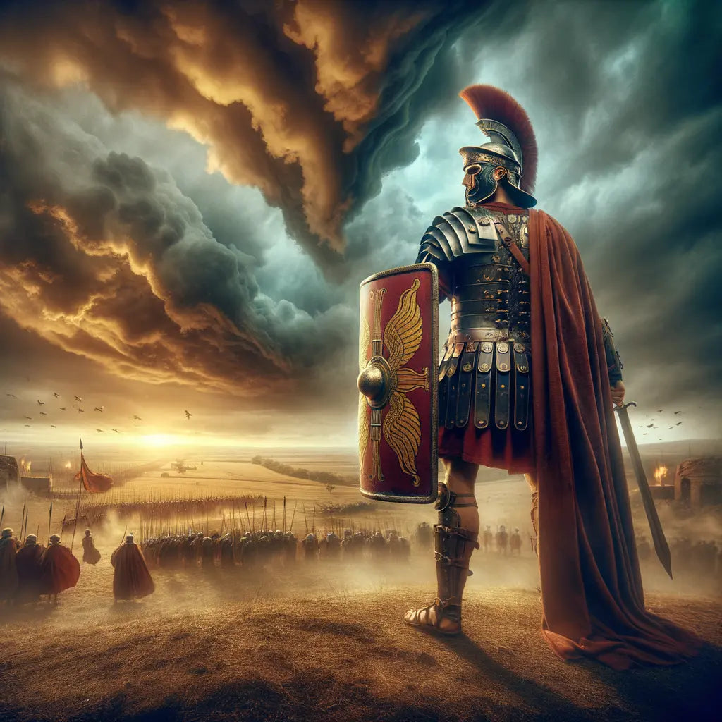 Roman legionary on a battlefield, wearing iconic armor and holding a large shield against a dramatic sky, in the style of 1960s historical epics.
