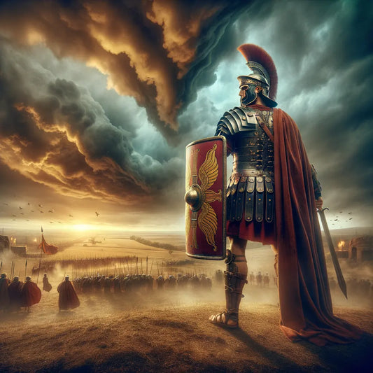 Roman legionary on a battlefield, wearing iconic armor and holding a large shield against a dramatic sky, in the style of 1960s historical epics.