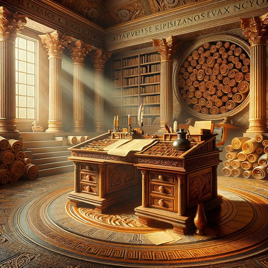 Ancient Roman study with scrolls and a quill, symbolizing timeless wisdom, depicted in a classic 1960s film style.