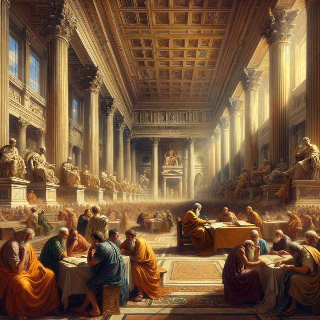 Ancient Roman philosopher-emperor writing in a busy Roman court, surrounded by advisors in a grand architectural setting, in a style reminiscent of 1960s historical epic films.