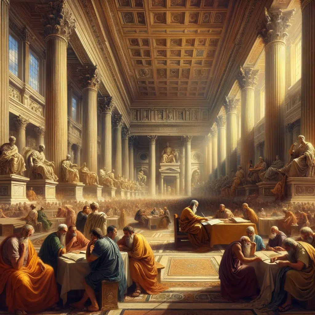Ancient Roman philosopher-emperor writing in a busy Roman court, surrounded by advisors in a grand architectural setting, in a style reminiscent of 1960s historical epic films.