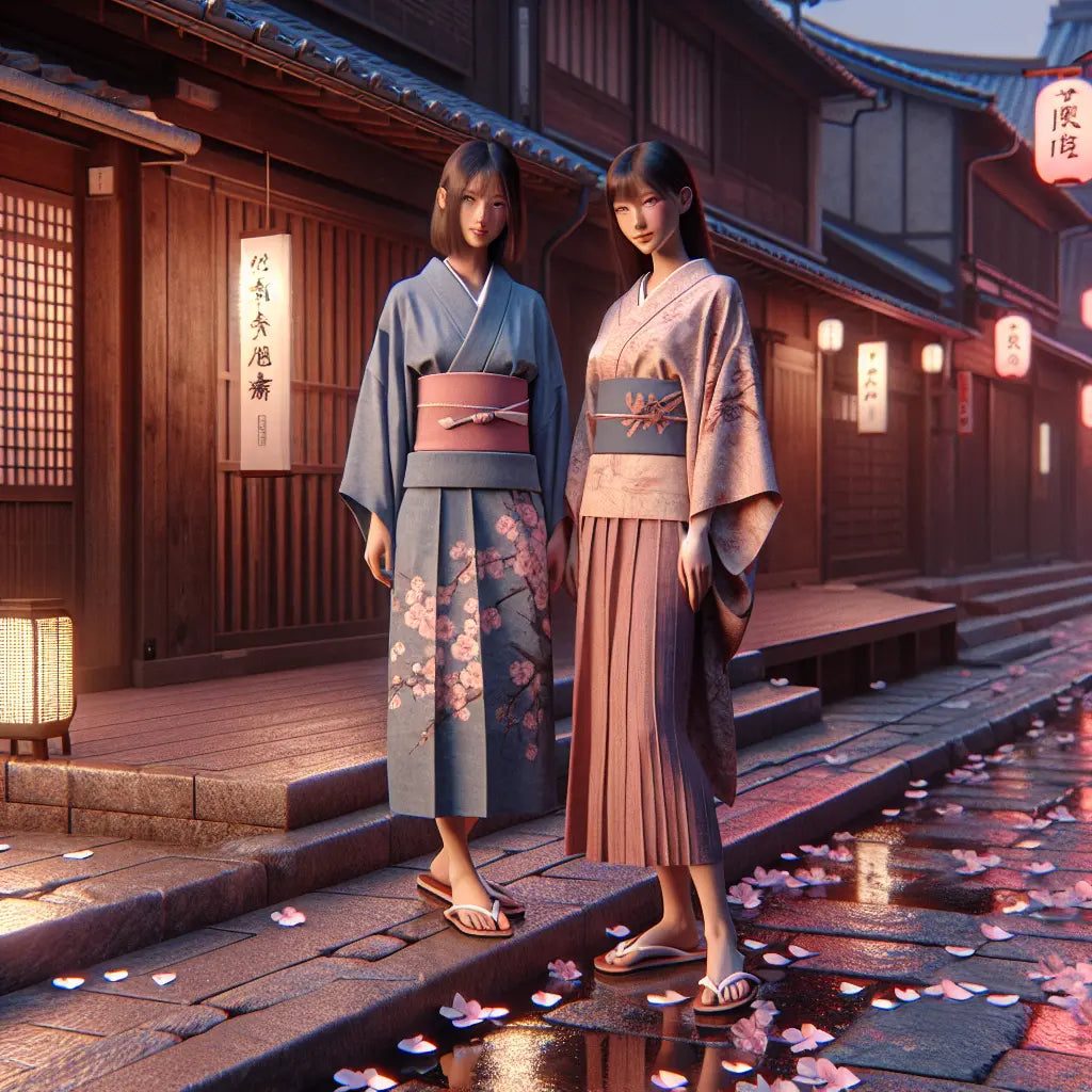 Two young Japanese women in modern kimono-inspired summer attire on a serene Tokyo street with soft neon lights and drifting cherry blossom petals, blending tradition and casual fashion in a quiet summer scene.