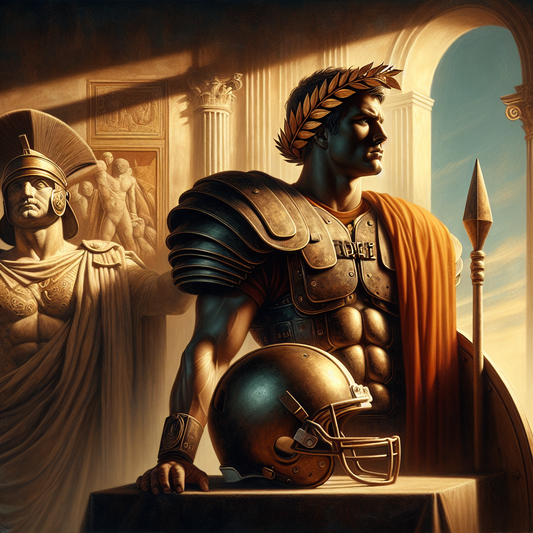 Portrait of Tom Brady in football gear with a Roman laurel wreath and shield symbolizing stoic mental discipline, painted in a 1960s Roman epic film style.